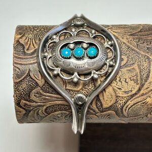 Vintage Navajo Native shadow box turquoise stamped sterling silver cuff bracelet